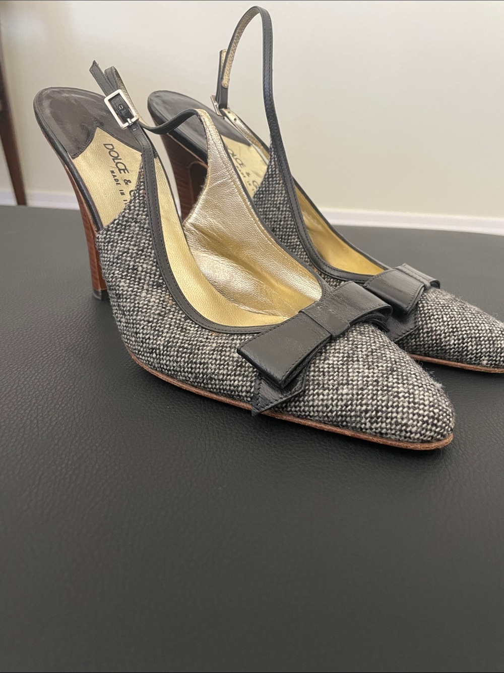 Dolce & Gabbana Black and Gray Tweed Slingback Pumps with Bow Detail